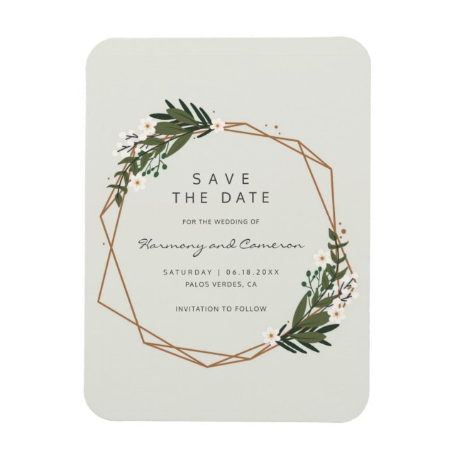Boho Geometric Gold Frame Greenery Save the Date Magnet (Vertical)