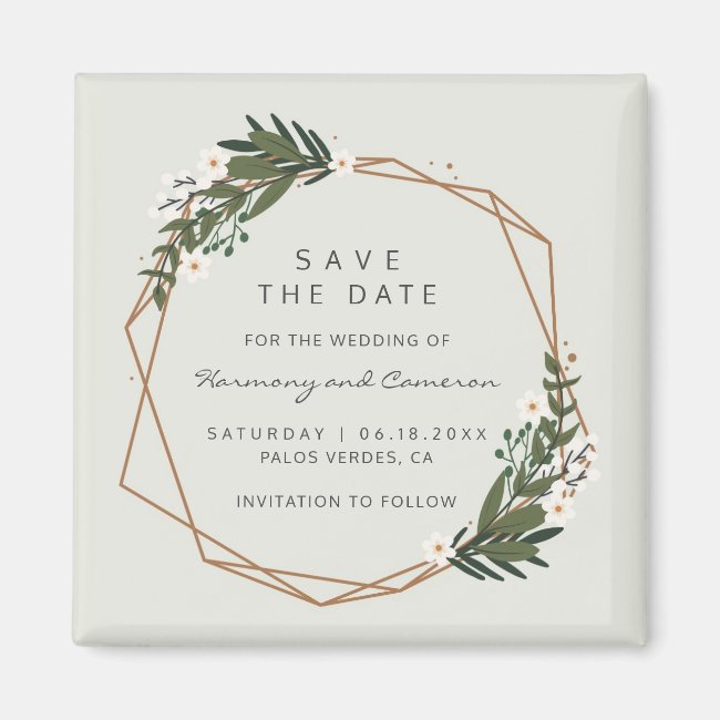 Boho Geometric Gold Frame Greenery Save the Date Magnet