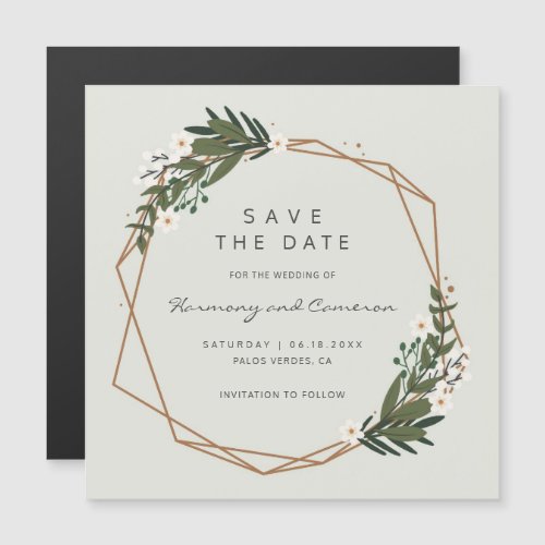 Boho Geometric Gold Frame Greenery Save the Date Magnetic Invitation