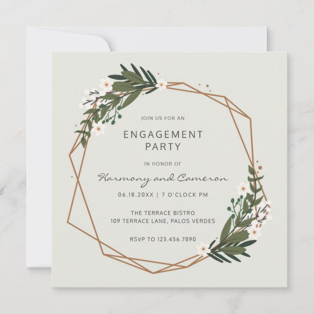 Boho Geometric Gold Greenery Engagement Party Invitation (Front)