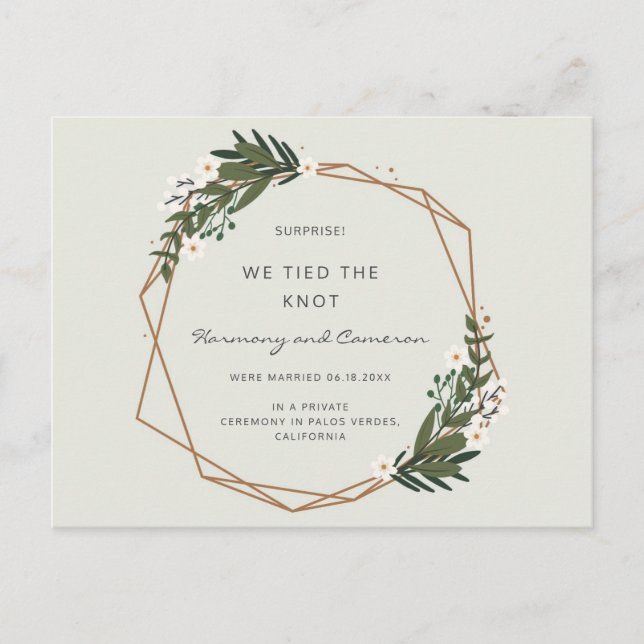 Boho Geometric Gold Greenery Wedding Elopement Announcement Postcard (Front)