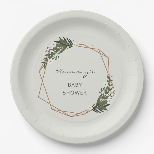 Boho Geometric Greenery Gender Neutral Baby Shower Paper Plates (Front)