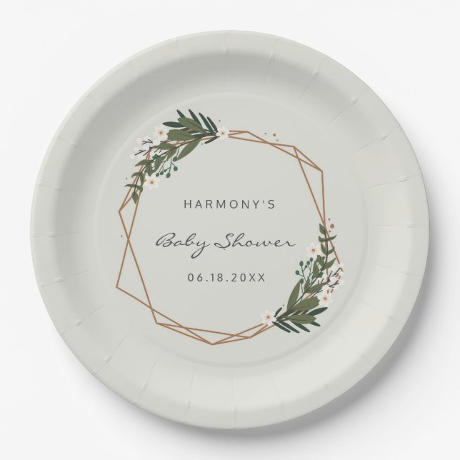Boho Geometric Greenery Gender Neutral Baby Shower Paper Plates (Front)