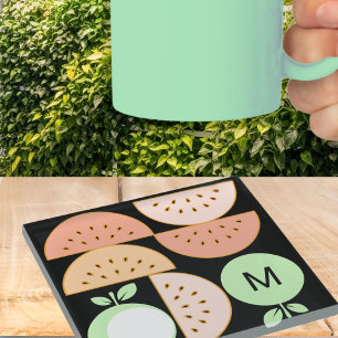 Boho Geometric Mid-Century Modern Fruit Monogram Glass Coaster