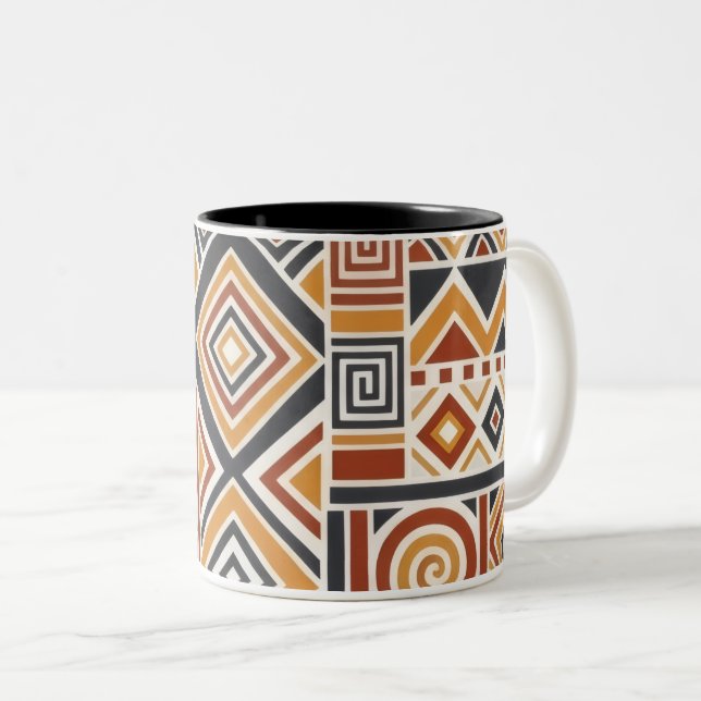 "Boho Geometric Pattern Mug, Earthy Tones Cup (Front Right)