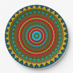 Boho Geometric Red Yellow Teal Cool Ethnic Tribal Paper Plates