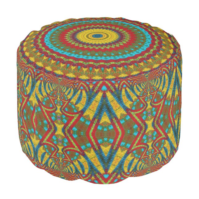  Boho Geometric Red Yellow Teal Cool Ethnic Tribal Pouf (Angled Back)