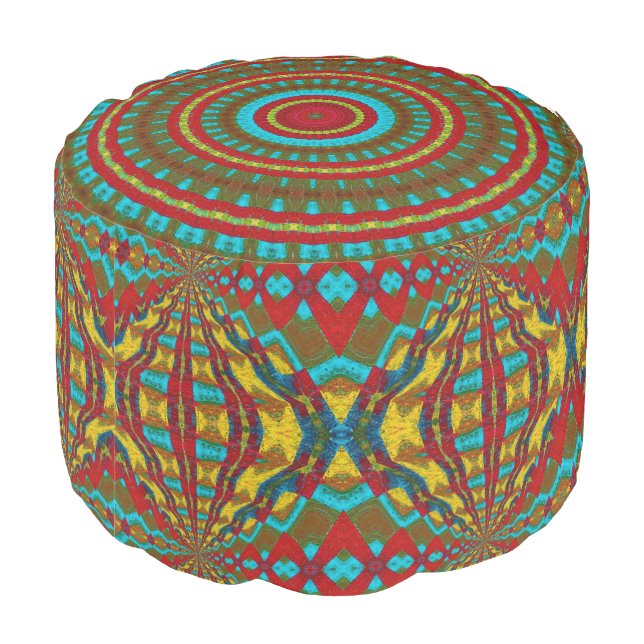  Boho Geometric Red Yellow Teal Cool Ethnic Tribal Pouf (Angled Back)