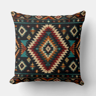 Boho Geometric Textile Pattern – Rustic Teal & Rus Throw Pillow