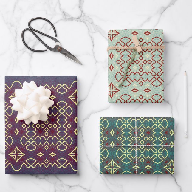 Boho Geometric Tribal-Inspired Patterns Wrapping Paper Sheets (Front)