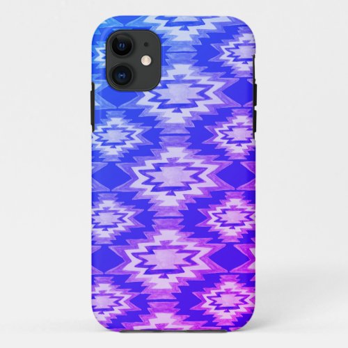 Boho Geometric Watercolor Pattern Blue Purple iPhone 11 Case