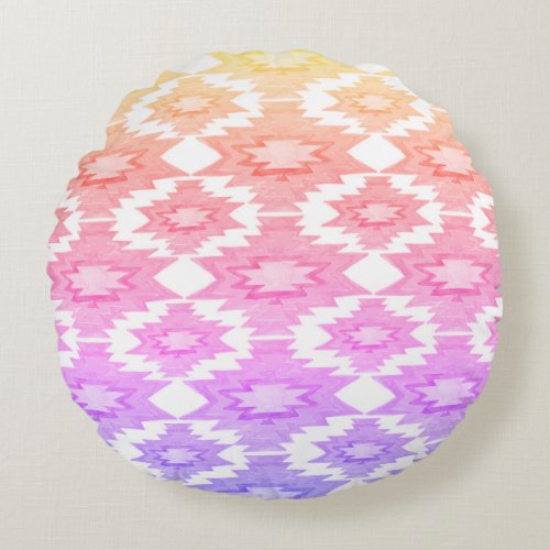 Boho Geometric Watercolor Pattern Chic Round Pillow