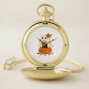 Boho Ghost & Black Cat – Trick or Treat on a Pumpk Pocket Watch