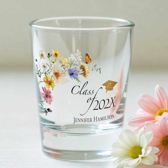 Boho Gilded Wildflower Bouquet Class of Graduation Shot Glass (Creator Uploaded)