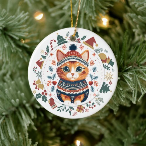 Boho Ginger Cat in Teal Winter Sweater Christmas Ceramic Ornament