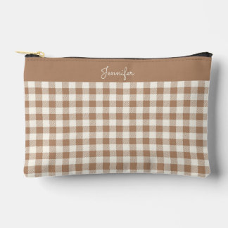 Boho Gingham Pattern Plaid Checkered Brown Name Accessory Pouch