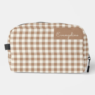 Boho Gingham Pattern Plaid Checkered Brown Name Dopp Kit