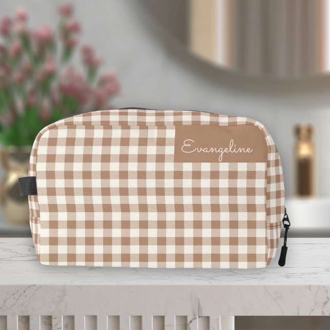 Boho Gingham Pattern Plaid Checkered Brown Name Dopp Kit (Creator Uploaded)