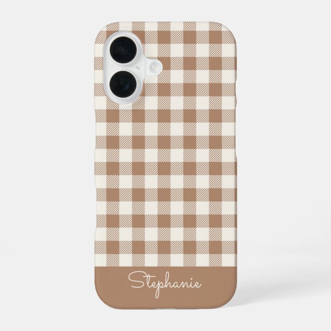 Boho Gingham Pattern Plaid Checkered Brown Name Iphone Case (Back)