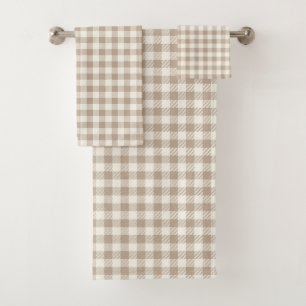 Boho Gingham Pattern Plaid Checkered Neutral Bath Towel Set