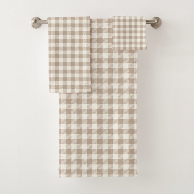 Boho Gingham Pattern Plaid Checkered Neutral Bath Towel Set (Insitu)