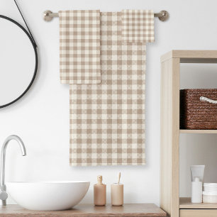 Boho Gingham Pattern Plaid Checkered Neutral Bath Towel Set