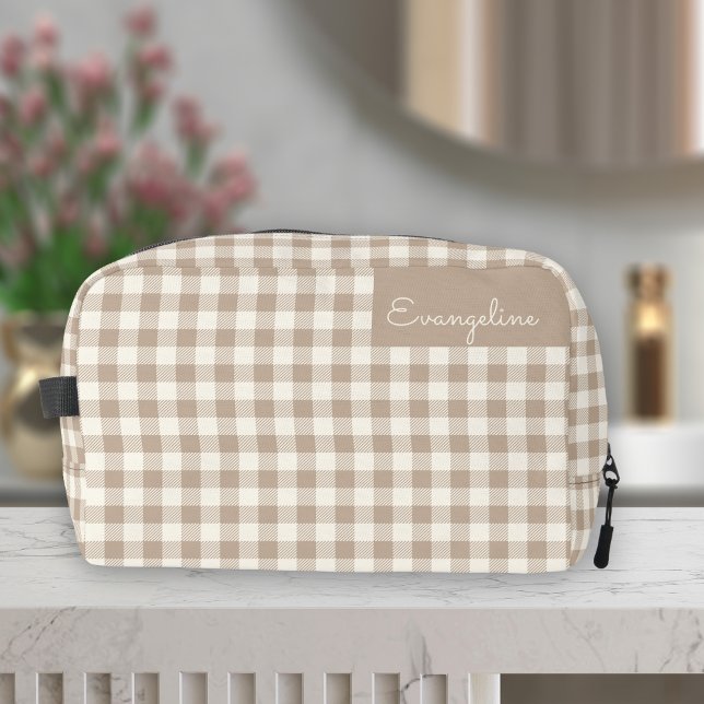 Boho Gingham Pattern Plaid Checkered Neutral Name Dopp Kit (Creator Uploaded)