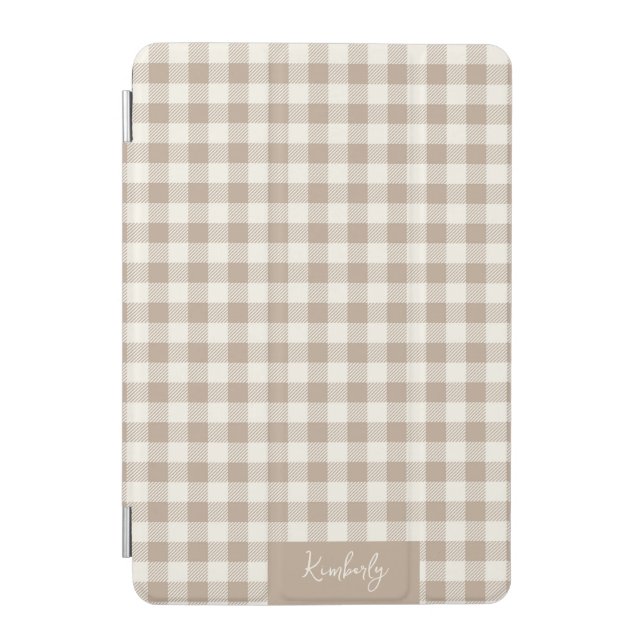 Boho Gingham Pattern Plaid Checkered Neutral Name iPad Mini Cover (Front)