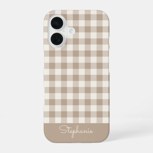 Boho Gingham Pattern Plaid Checkered Neutral Name Iphone Case (Back)