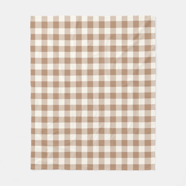Boho Gingham Pattern Plaid Checkered Tan Brown Fleece Blanket (Front)