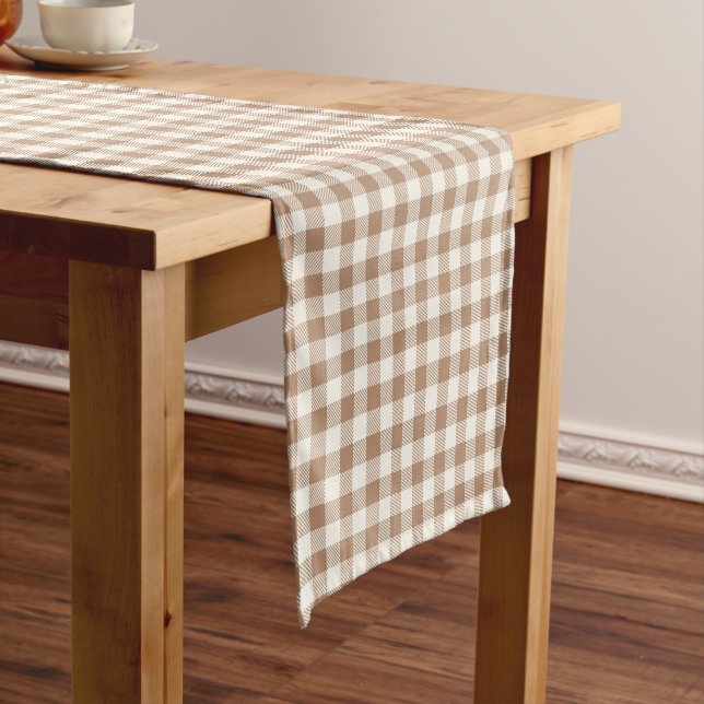 Boho Gingham Pattern Plaid Checkered Tan Brown Short Table Runner (In Situ)
