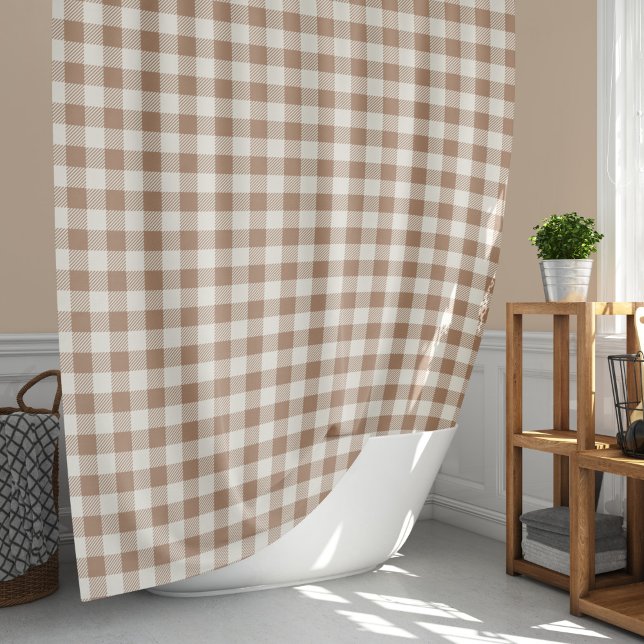 Boho Gingham Pattern Plaid Checkered Tan Brown Shower Curtain (Creator Uploaded)
