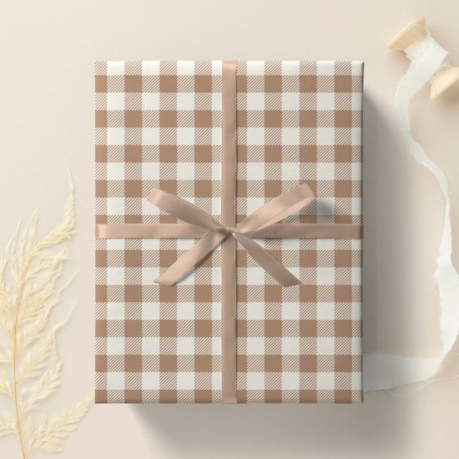 Boho Gingham Pattern Plaid Checkered Tan Brown Wrapping Paper (Creator Uploaded)