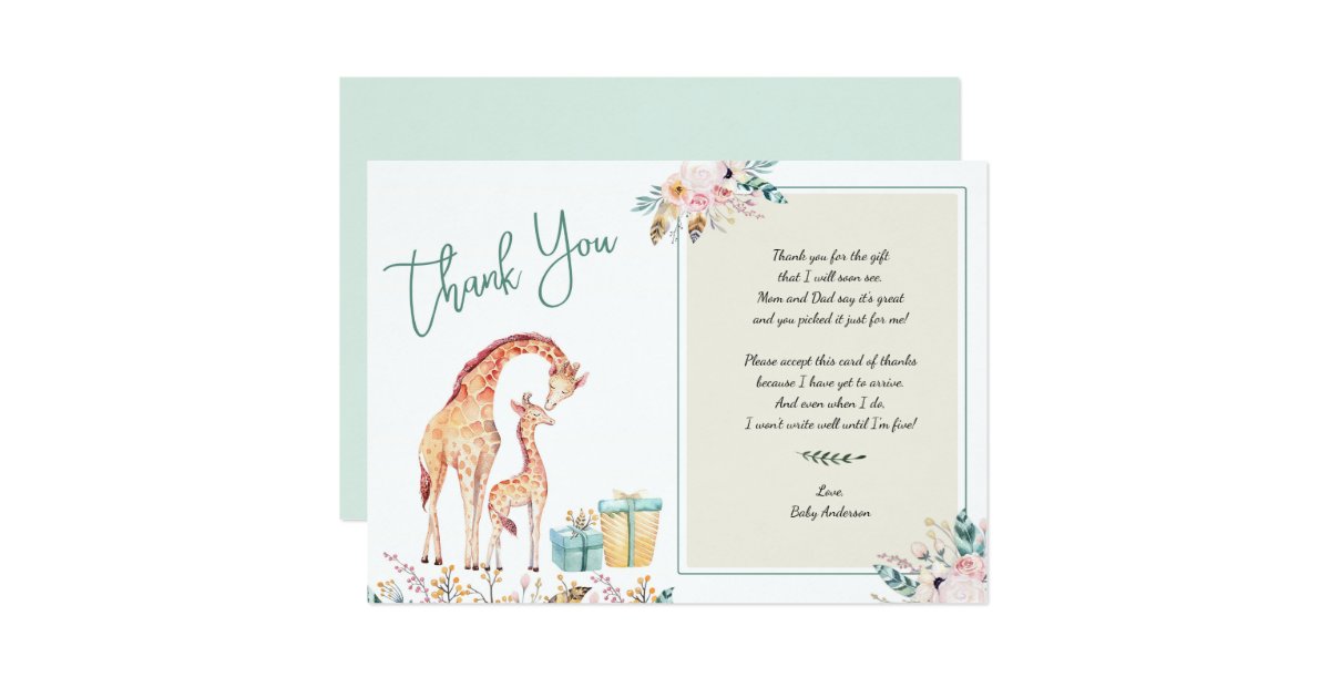 Boho Giraffe Baby Shower Thank You Note Poem Invitation Zazzle Com
