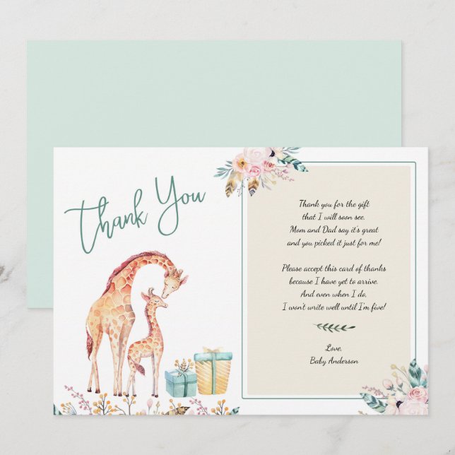 Boho Giraffe Baby Shower thank you note poem Invitation (Front/Back)