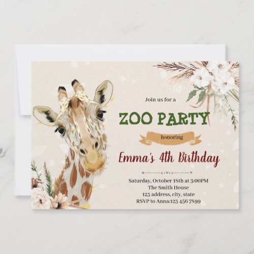 Boho giraffe birthday invitation