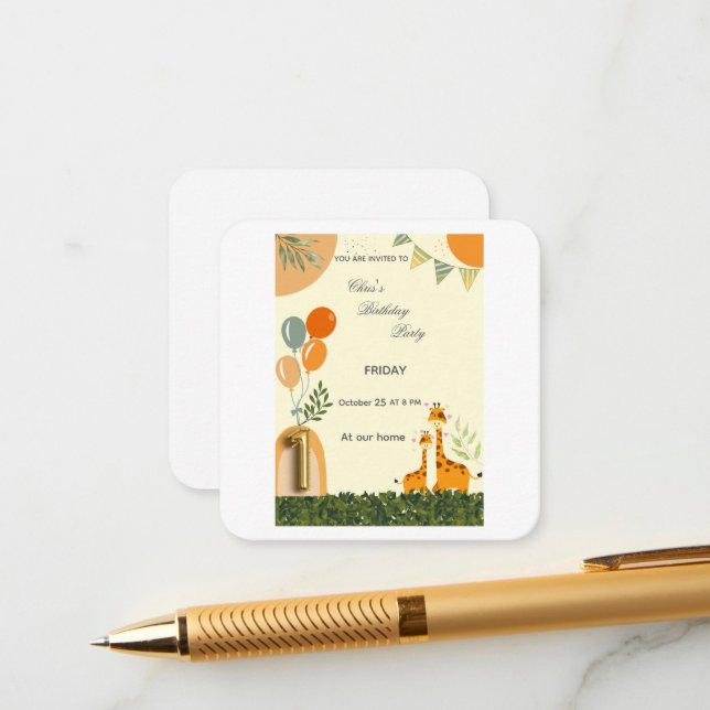 Boho Giraffe First Birthday Invitation  (Front/Back In Situ)
