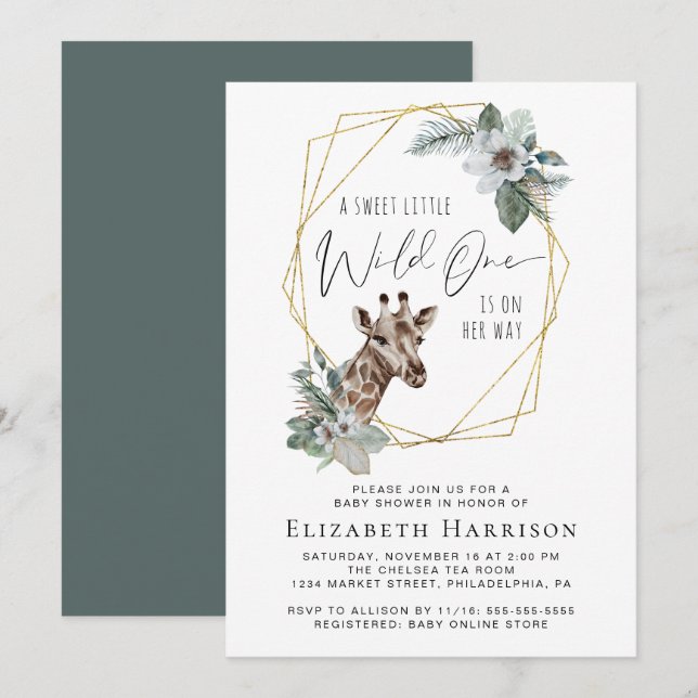 Boho Giraffe Floral Watercolor Baby Shower Invitation (Front/Back)