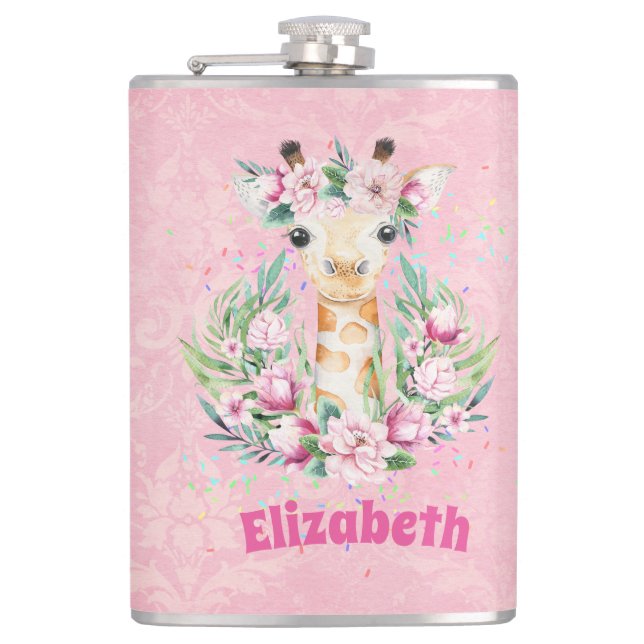 Boho Giraffe Flowers Named Girls, Teens Gifts Flask (Front)