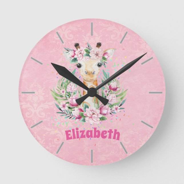 Boho Giraffe Flowers Named Girls, Teens Gifts Round Clock