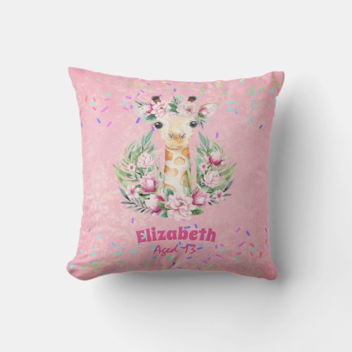 Boho Giraffe Flowers Named Girls Teens Gifts Throw Pillow