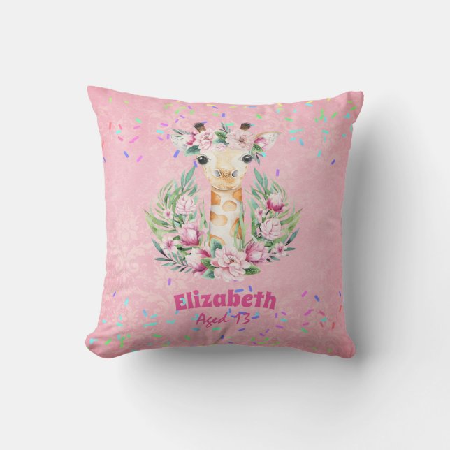 Boho Giraffe Flowers Named Girls, Teens Gifts Throw Pillow (Front)