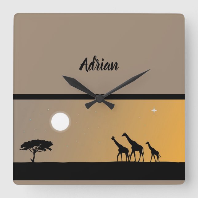 Boho Giraffes At Sunset with Full Moon Square Wall Clock (Front)