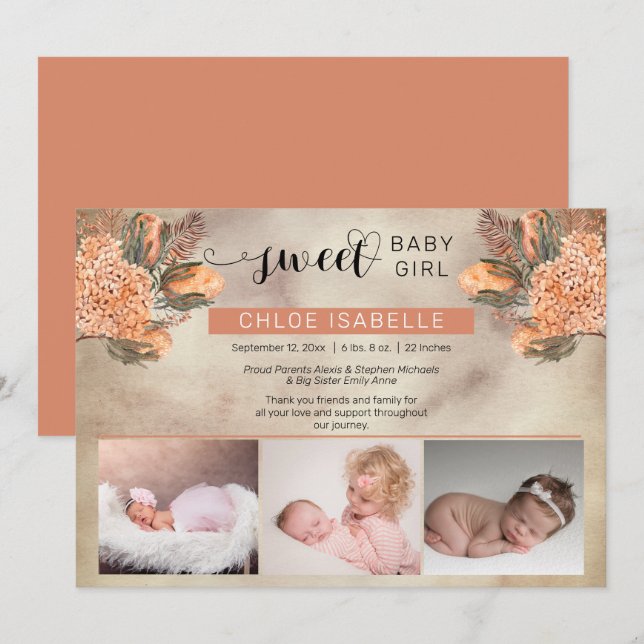 Boho Girl 3 Photo Pampas Grass | Floral Birth Announcement (Front/Back)