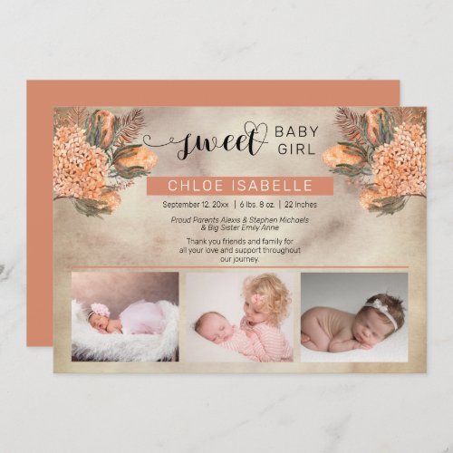 Boho Girl 3 Photo Pampas Grass  Floral Birth Announcement