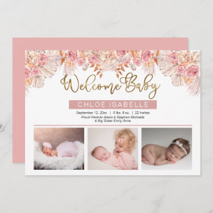 Boho Girl 3 Photo Pampas Grass Rose Floral Birth Announcement