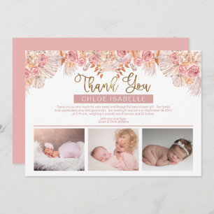 Boho Girl 3 Photo Pampas Grass   Rose Floral Thank You Card