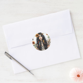 Boho Girl AI Art Bohemian Fashion Classic Round Sticker