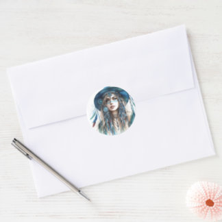 Boho Girl AI Art Bohemian Fashion Classic Round Sticker
