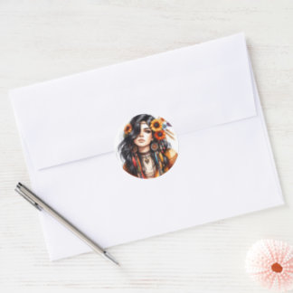 Boho Girl AI Art Bohemian Fashion Classic Round Sticker
